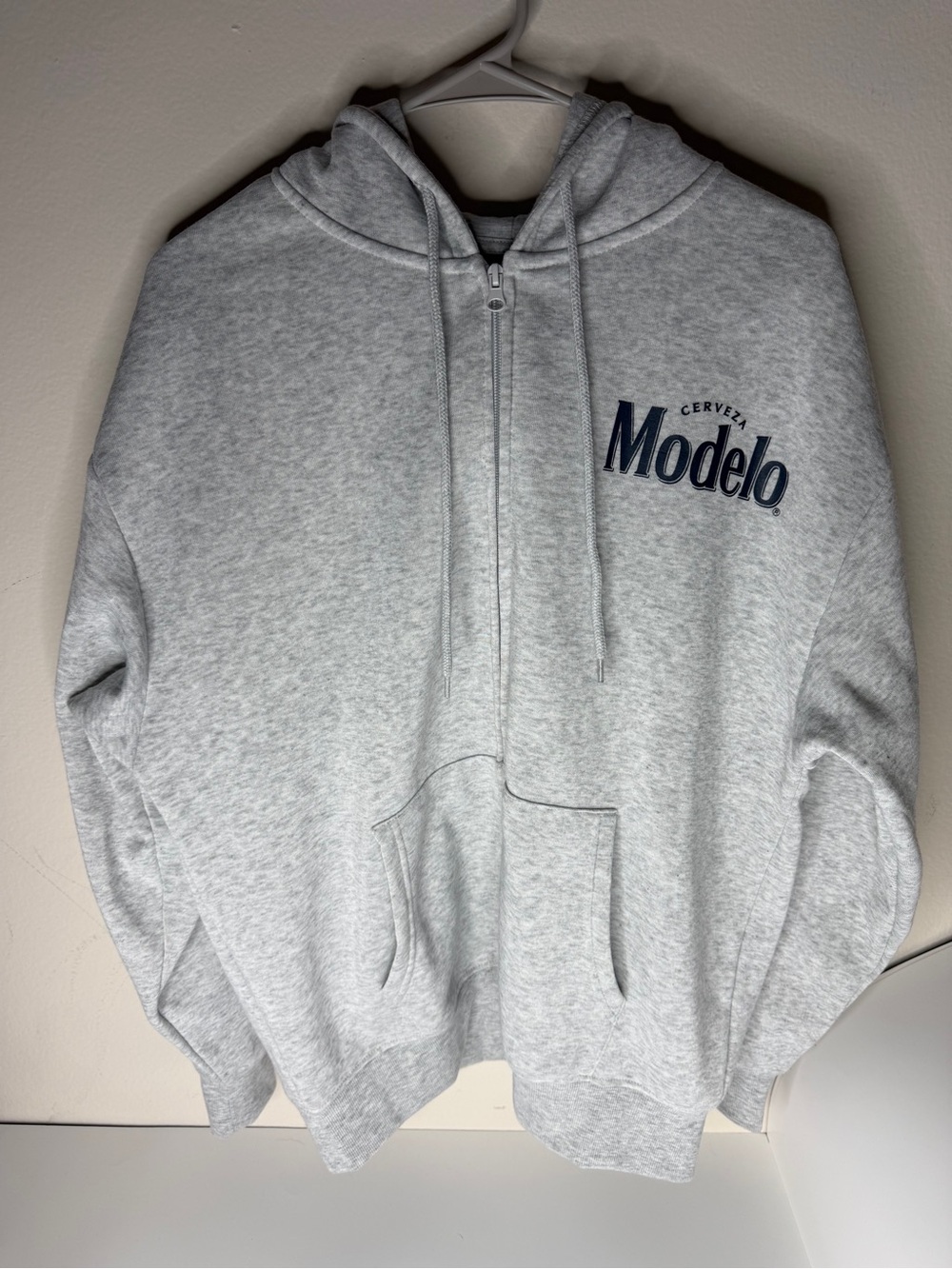Modelo Mens Size Large Hoodie Gray Graphic Fleece Beer Logo Full Zip Jacket